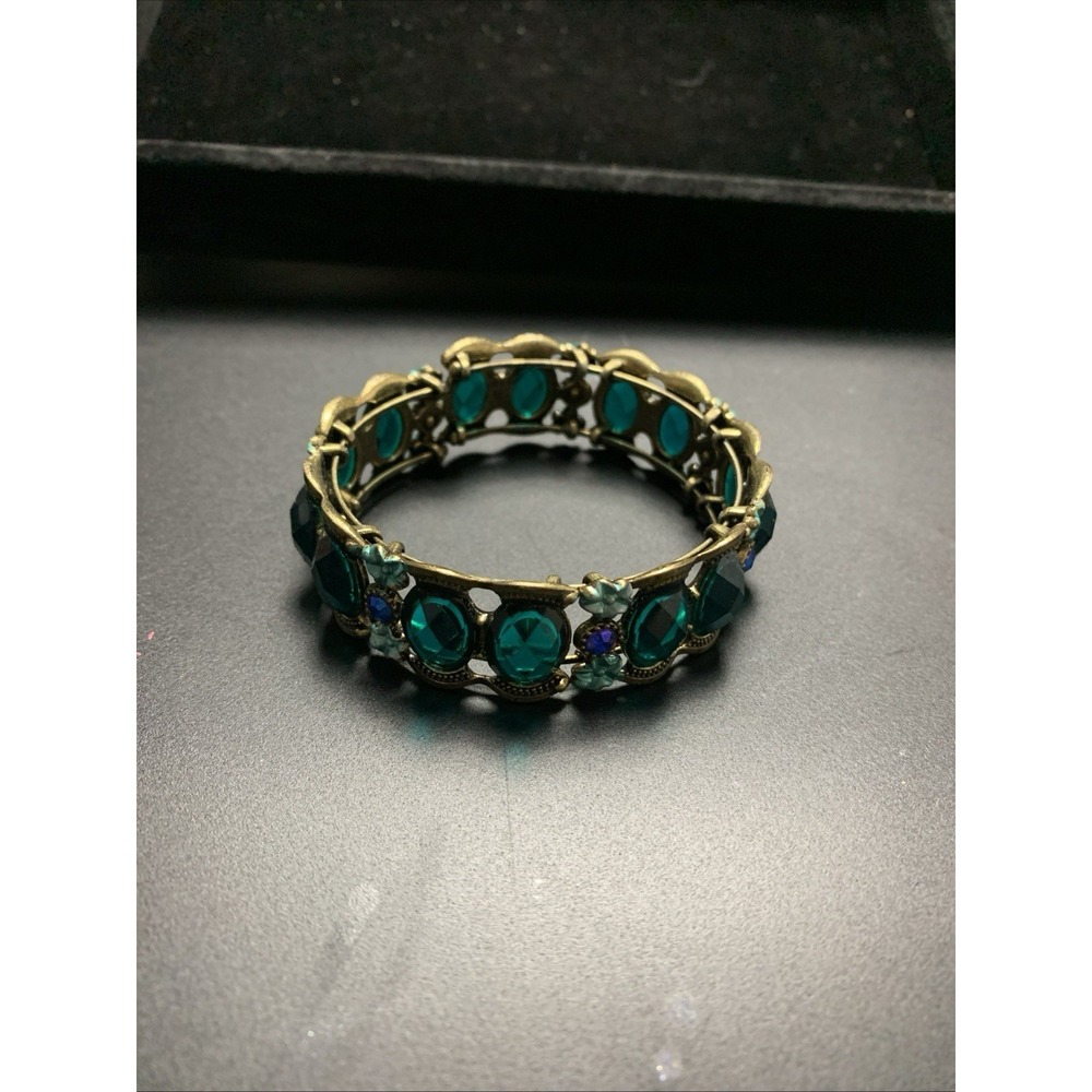 Bangle Bracelet Large Green Faceted Rhinestones Set In Bronze Cuff Enamel Flower